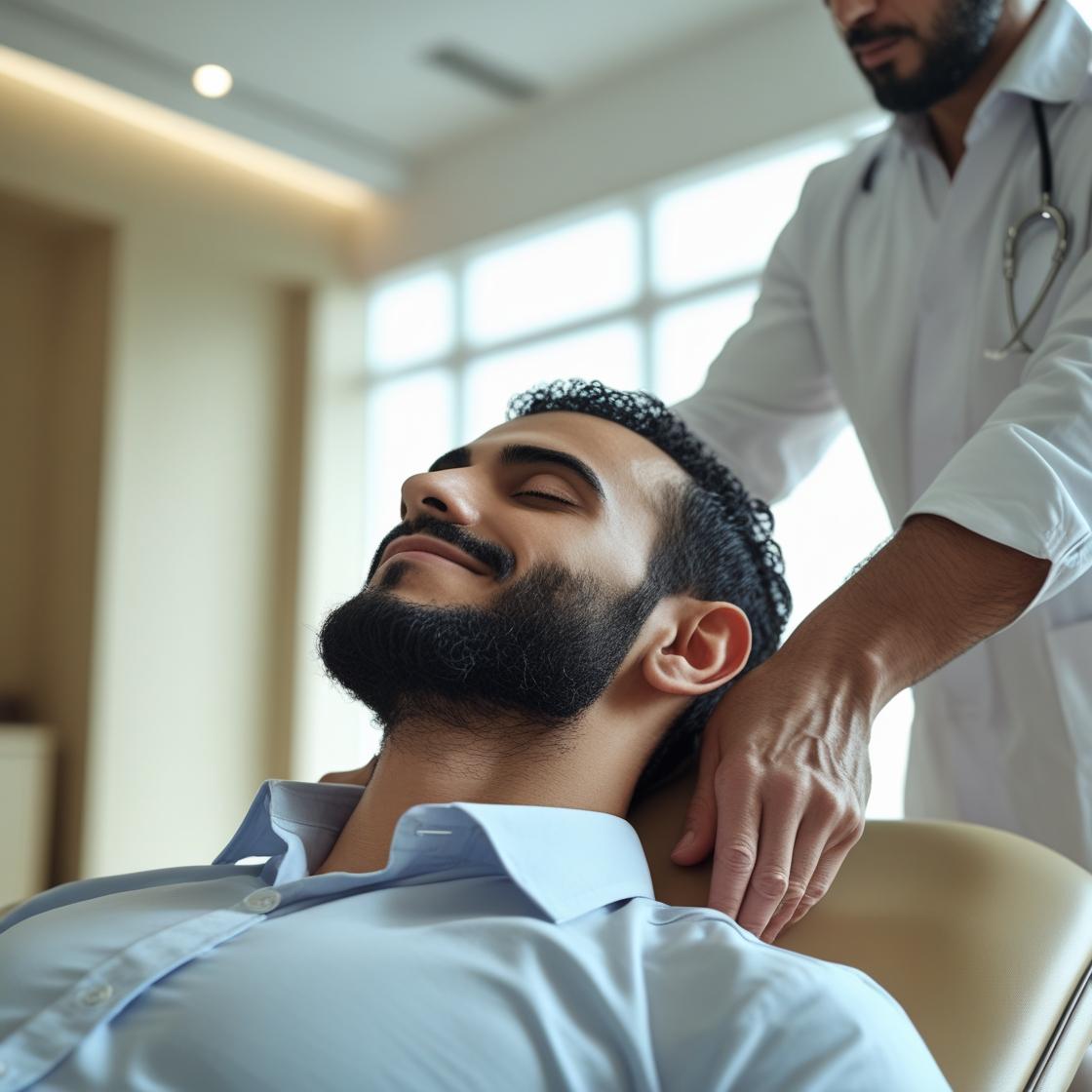 Persona recibiendo terapia de quiropraxia en una clínica, se nota su rostro relajado